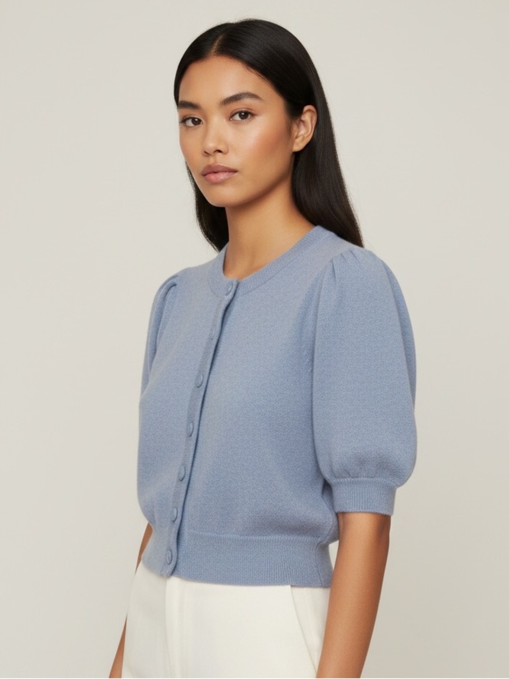 Joie Cashmere Sky Blue Puff-Sleeve Button Cardigan